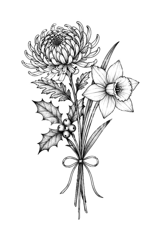 Vinterbuket med fødselsblomster, tatoveringsidé