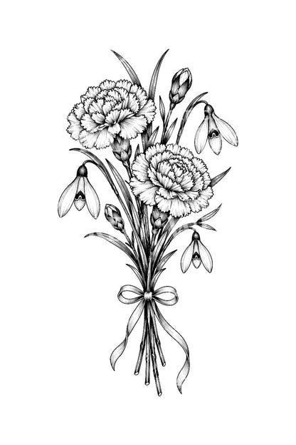 Winter Birthday Posy Fine Line Tattoo Design