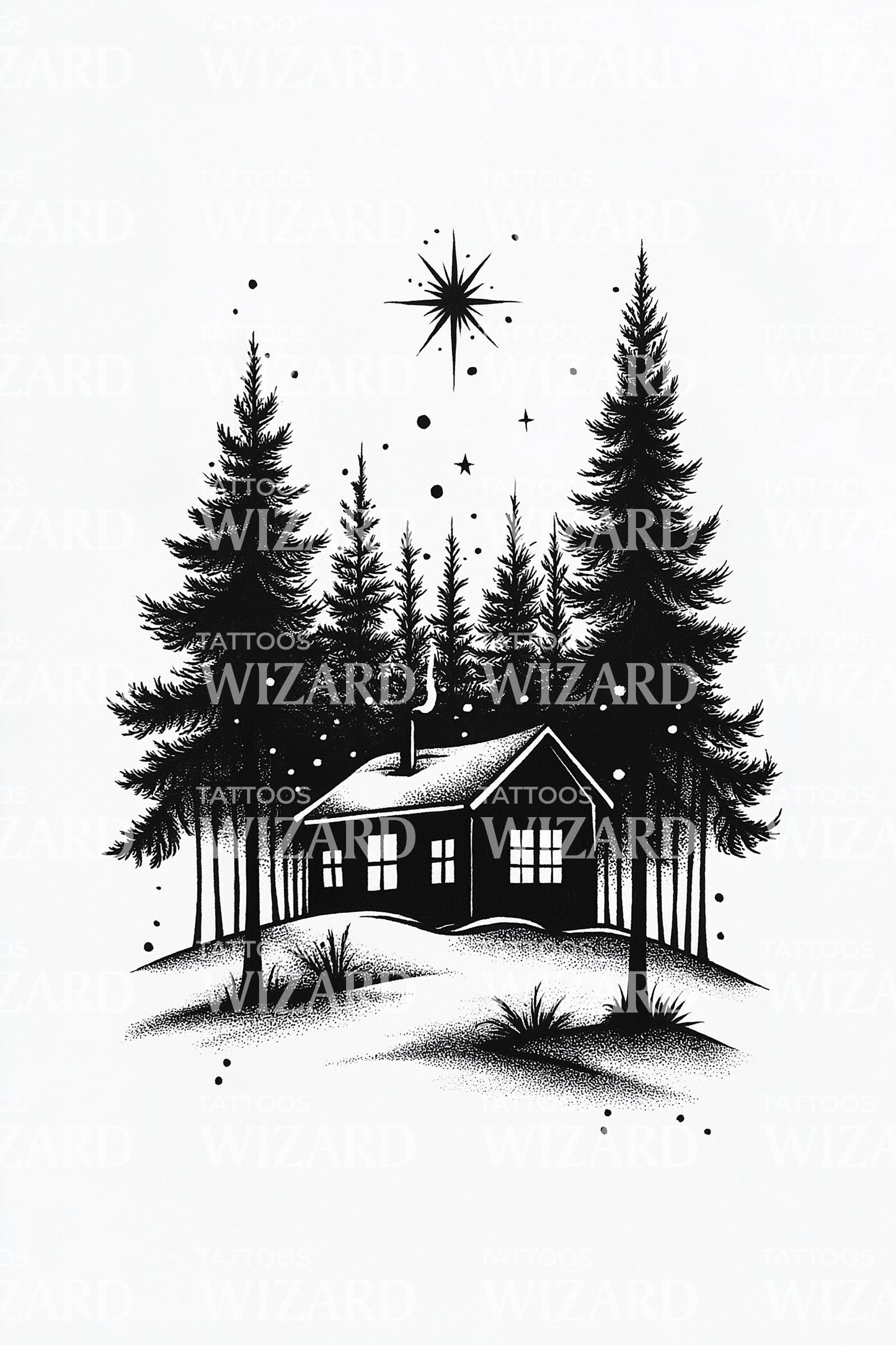 Winter Cabin in Pines Tattoo Design