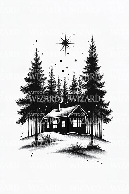 Winter Cabin in Pines Tattoo Design