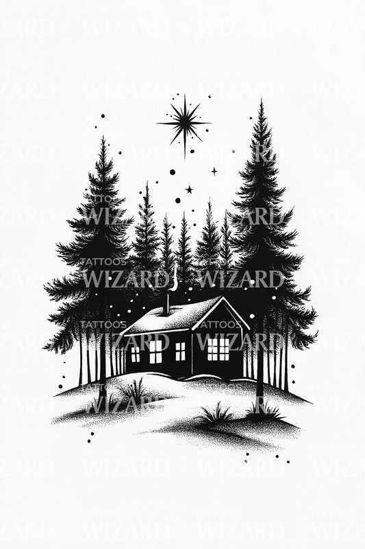 Winter Cabin in Pines Tattoo Design