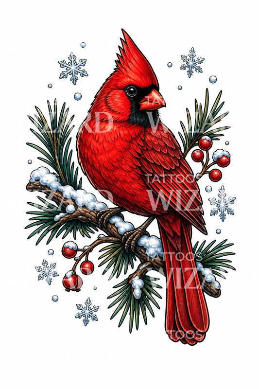 Winter Cardinal Pine Tattoo Design