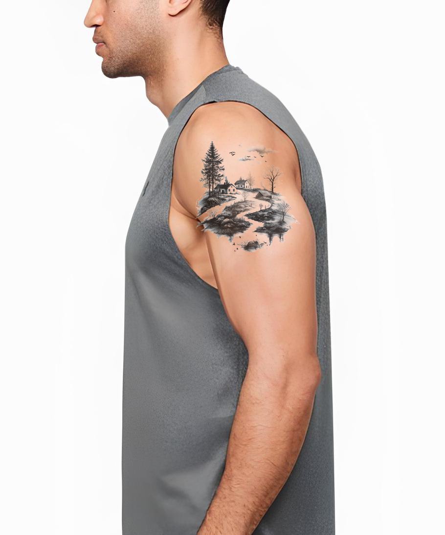 Winter Cottage Landscape Tattoo Design