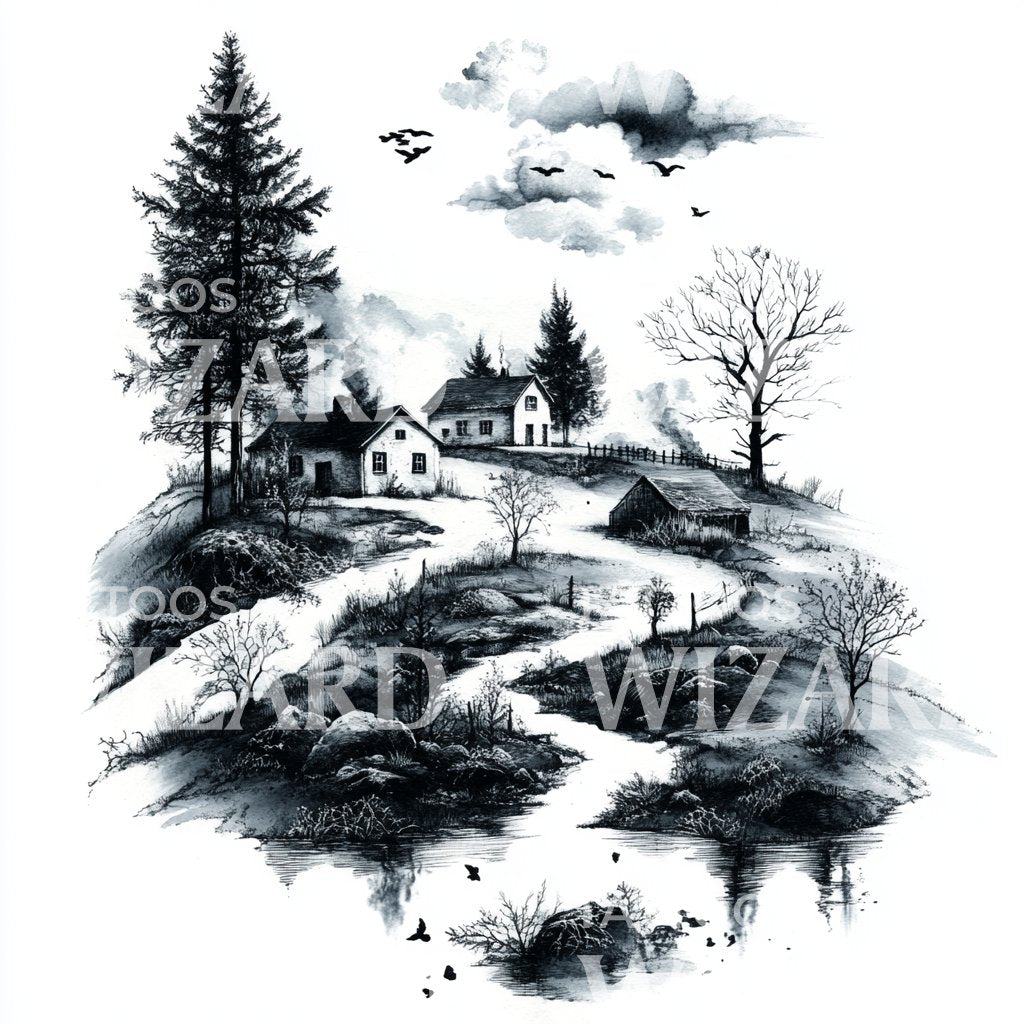 Winter Cottage Landscape Tattoo Design