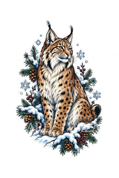 Lynx hivernal avec branches de pin, modèle de tatouage