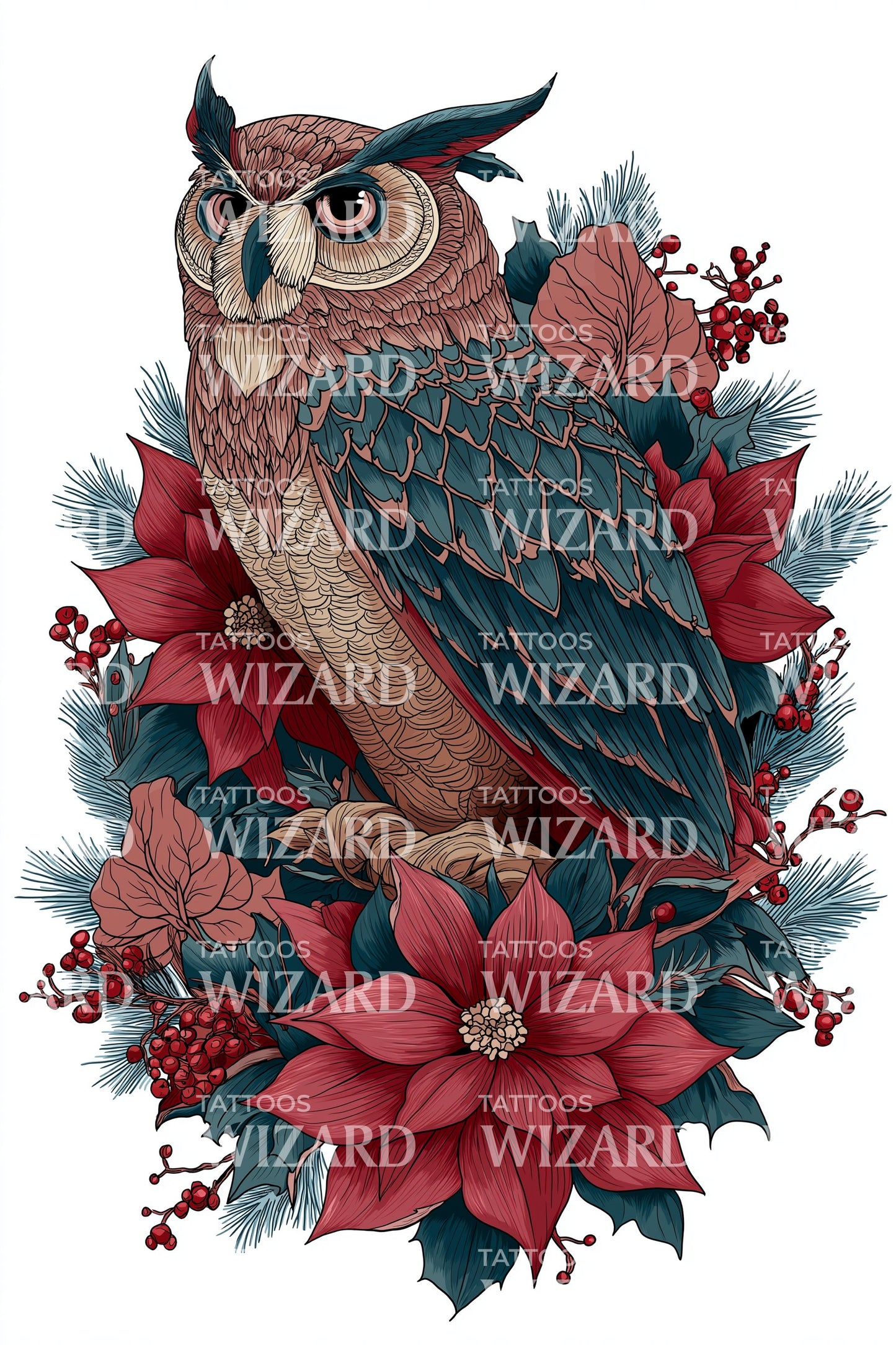 Winter Owl Poinsettia Tattoo Design