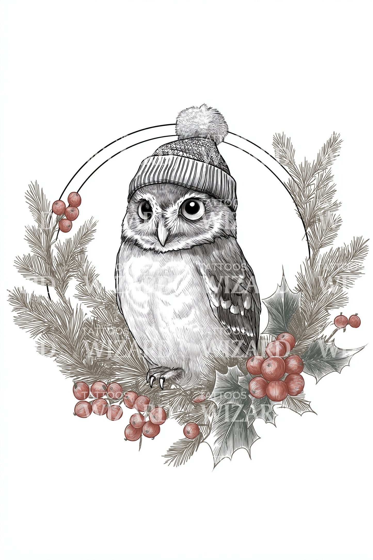 Winter Owl Wreath Tattoo Illustration