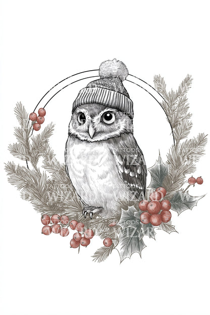 Winter Owl Wreath Tattoo Illustration