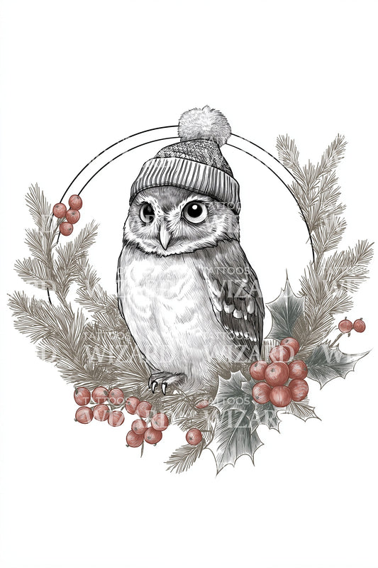 Winter Owl Wreath Tattoo Illustration