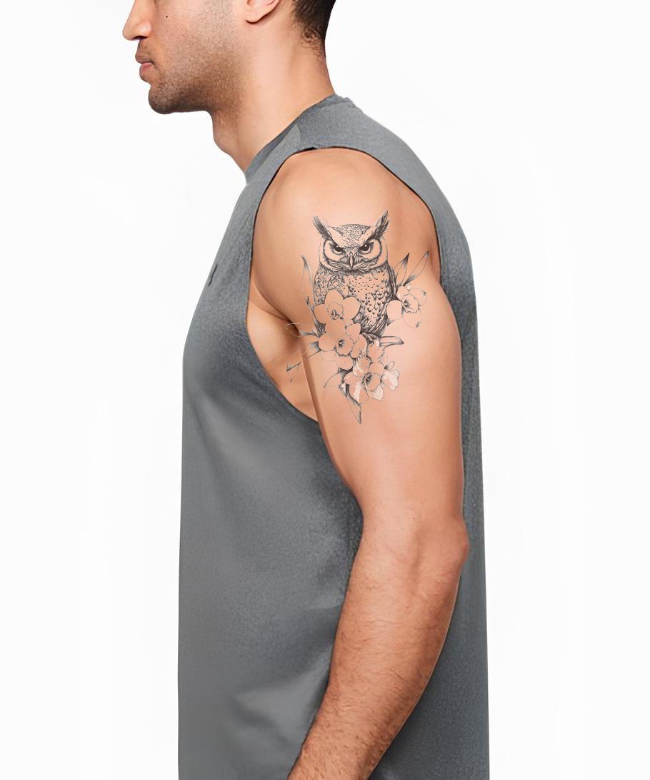 Wise Owl Blossom Tattoo Illustration