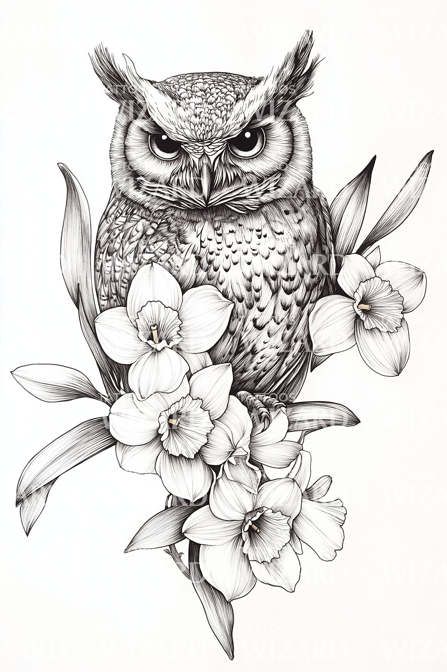 Wise Owl Blossom Tattoo Illustration