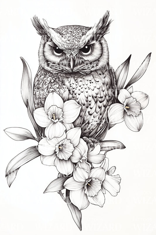 Wise Owl Blossom Tattoo Illustration
