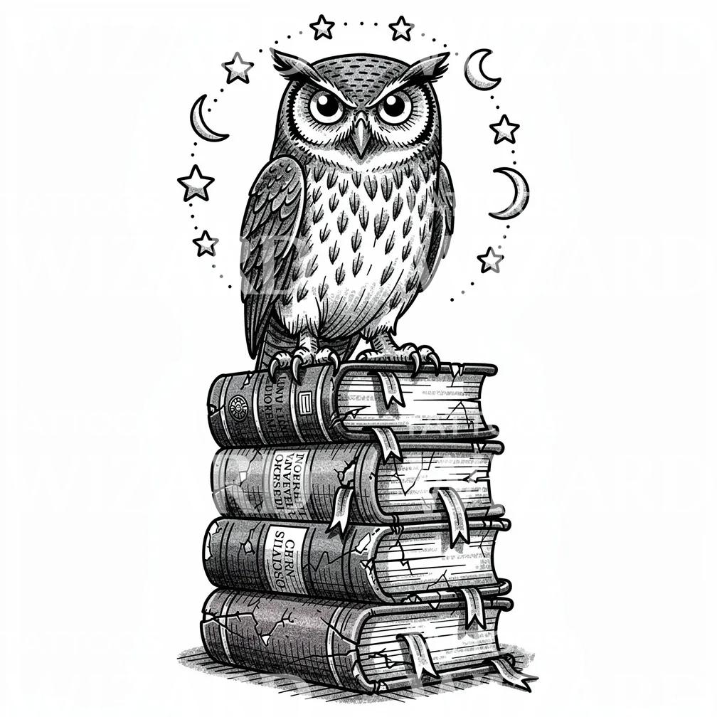 Desain Tato Burung Hantu Bijak dan Buku