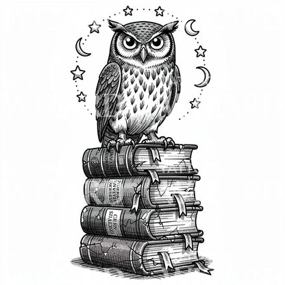 Desain Tato Burung Hantu Bijak dan Buku