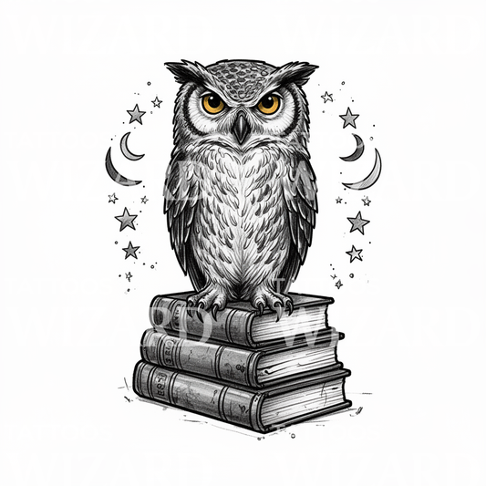 Desenho de tatuagem de coruja sábia com livros