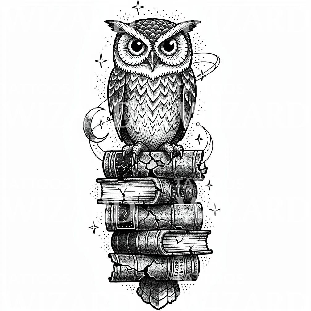 Desain Tato Burung Hantu Bijak dan Tumpukan Buku