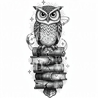 Desain Tato Burung Hantu Bijak dan Tumpukan Buku