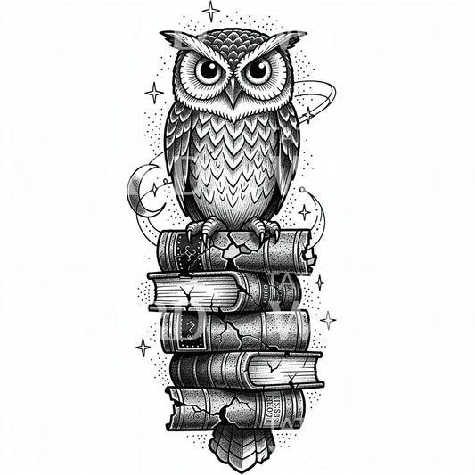 Wise Owl Bookstack Tattoo Design