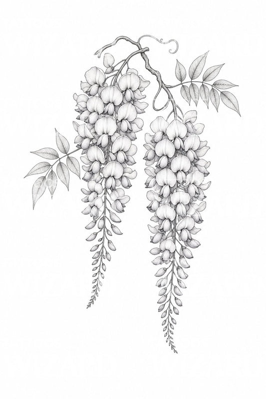 Wisteria Cascade finomvonalas tetoválásminta