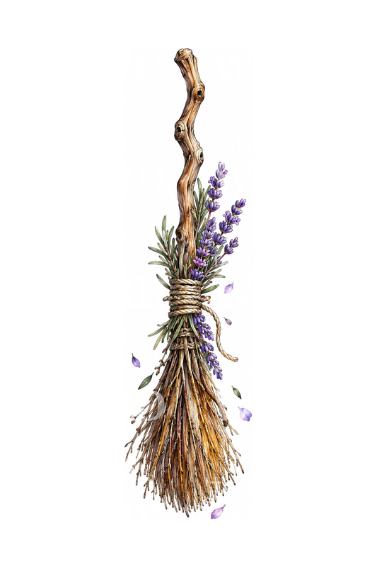Witch Besom Broom with Lavender Tattoo Design