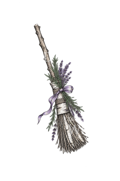 Tattooillustration mit Hexenbesen und Lavendel