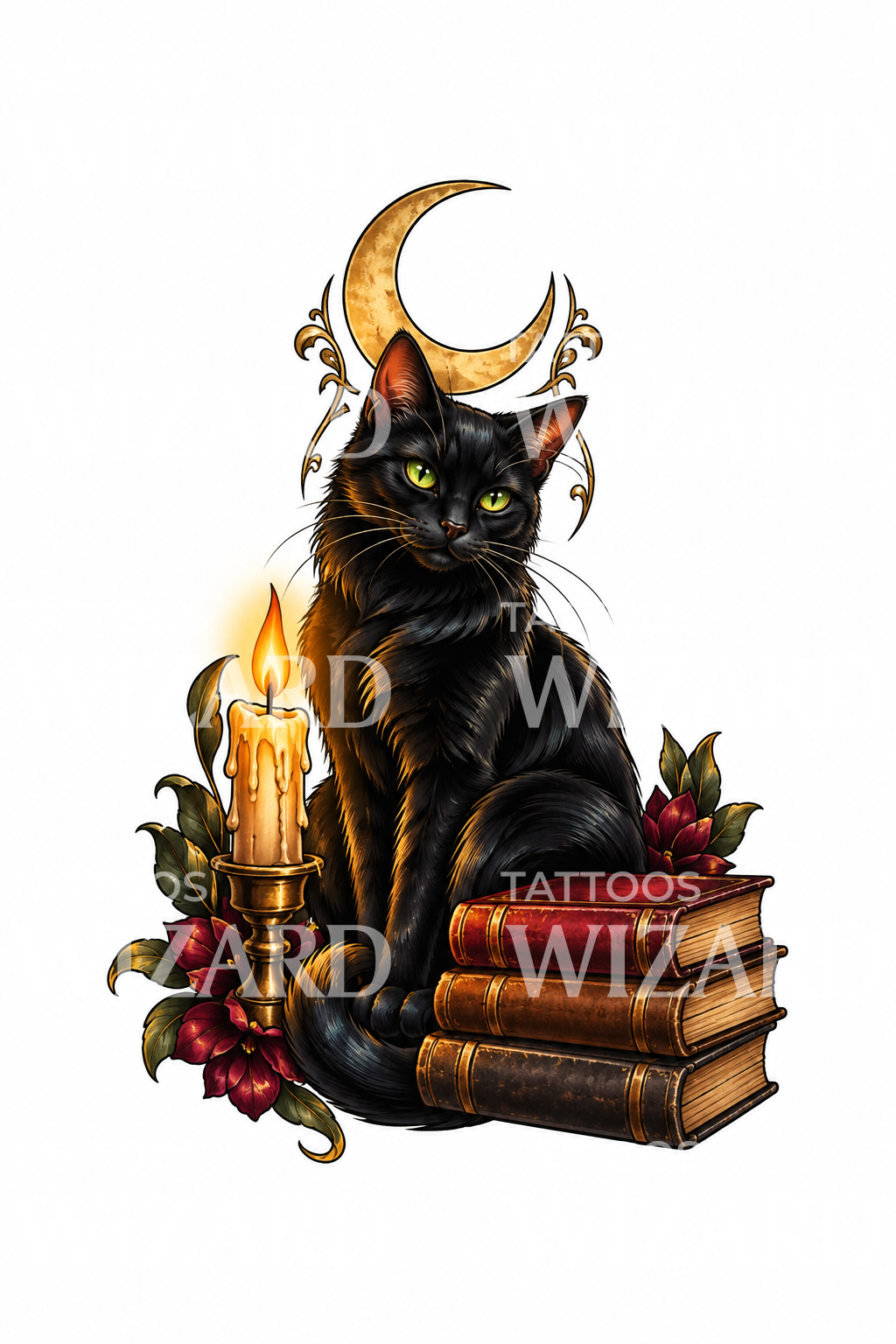 Neotraditionelles Tattoo mit schwarzer Hexenkatze, Kerze und alten Büchern