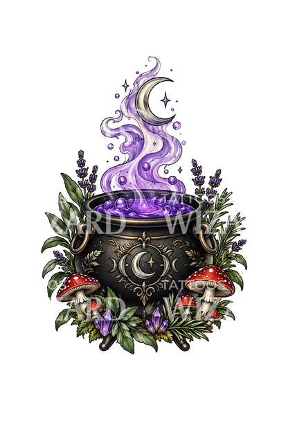 Desain tato kuali penyihir dengan bulan sabit dan herbal