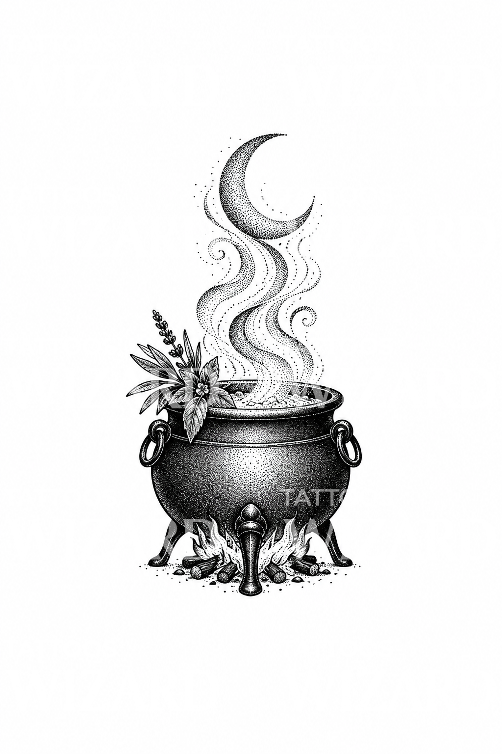 Witch Cauldron with Crescent Moon Steam Dotwork Tattoo