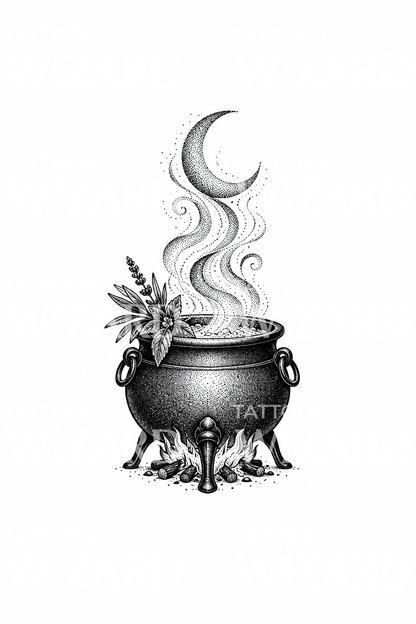 Witch Cauldron with Crescent Moon Steam Dotwork Tattoo