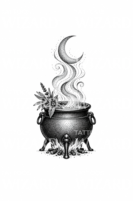 Ведьмин котёл с паром в форме полумесяца, татуировка dotwork
