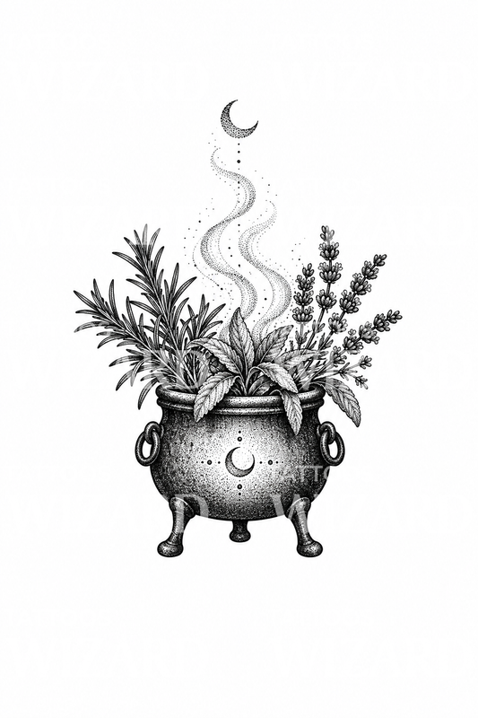 Witch Cauldron with Herbs Tattoo Idea
