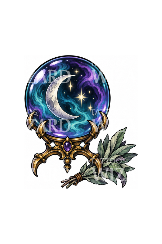 Witch Crystal Ball with Crescent Moon Tattoo