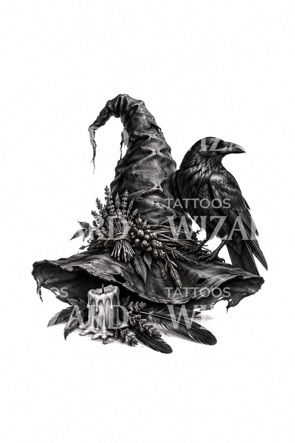 Boszorkánysapka, holló és gyertya black and grey tetoválásmintája