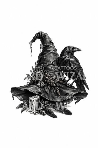 Boszorkánysapka, holló és gyertya black and grey tetoválásmintája
