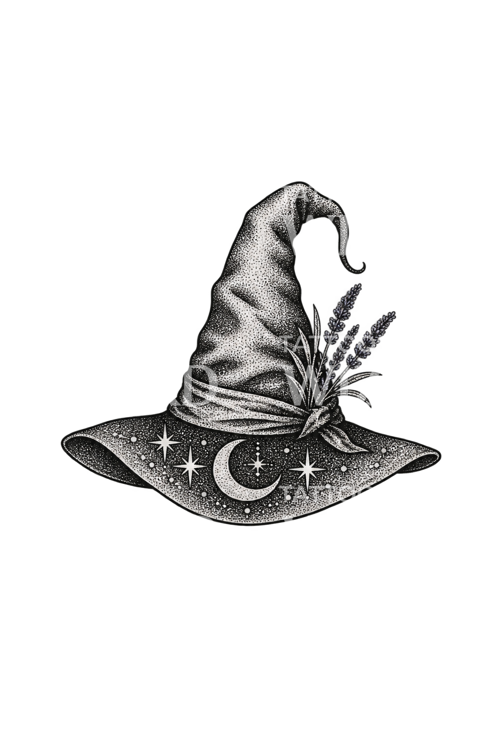 Dotwork-Tattoo mit Hexenhut, Mond und Sternen