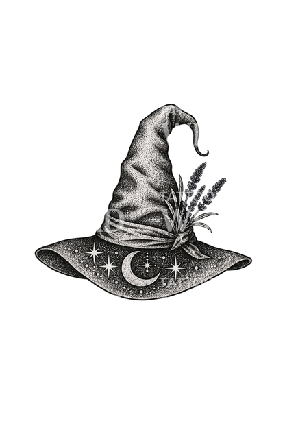 Dotwork-Tattoo mit Hexenhut, Mond und Sternen