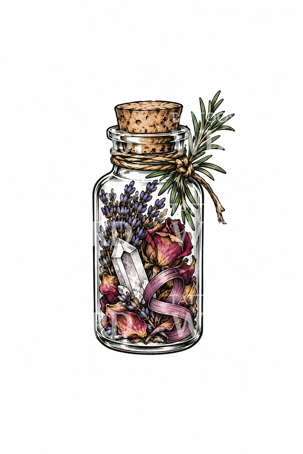 Witch Spell Jar with Lavender and Crystal Tattoo Design