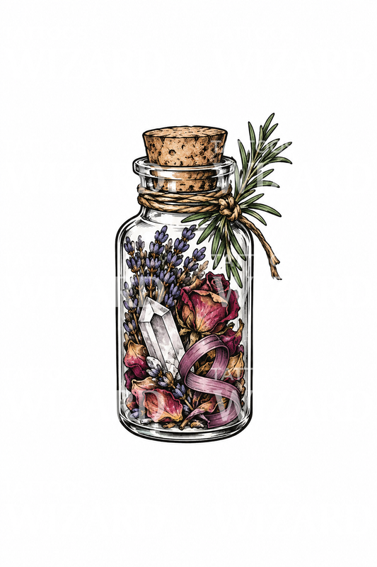 Witch Spell Jar with Lavender and Crystal Tattoo Design