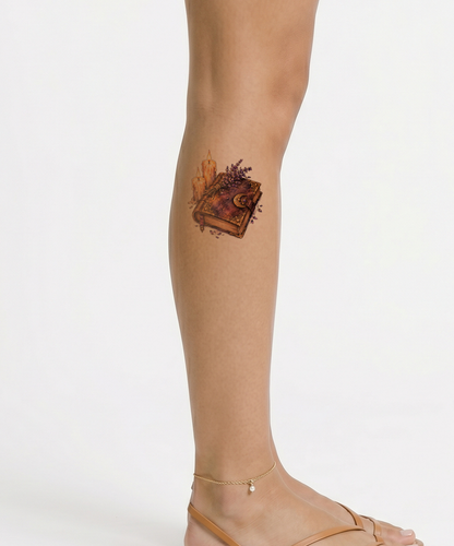 Witch Spellbook with Candles and Lavender Tattoo Design