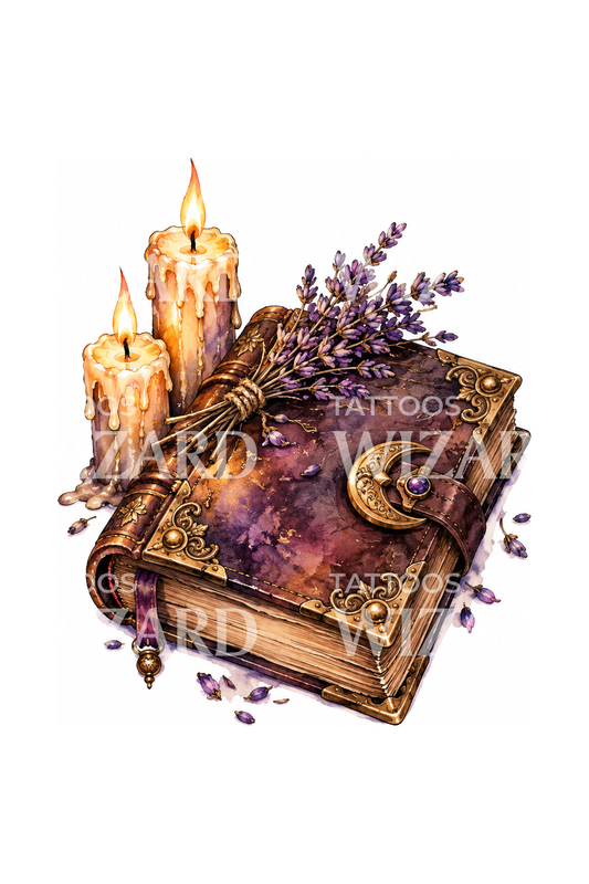 Witch Spellbook with Candles and Lavender Tattoo Design