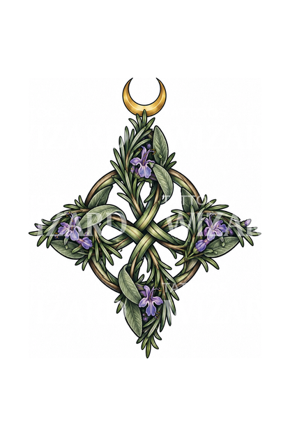 Nodo delle streghe con rosmarino, salvia e falce di luna