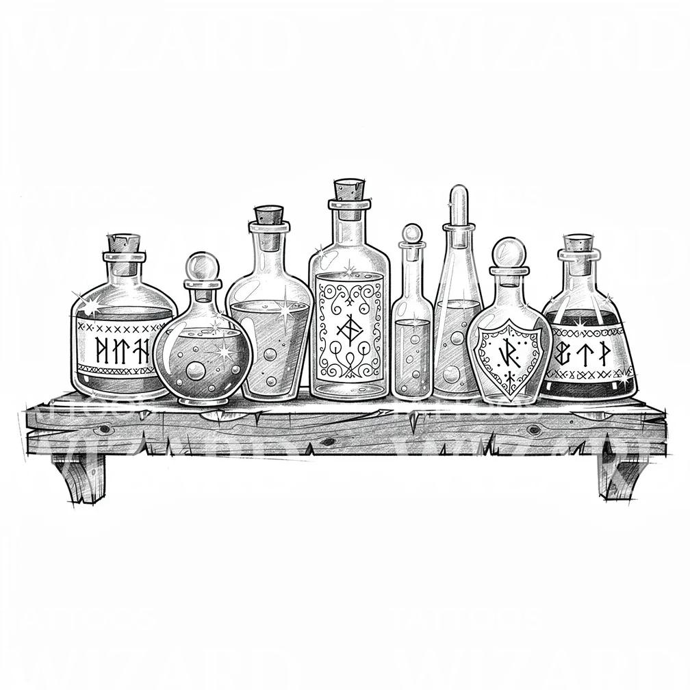 Witchy Potion Shelf Tattoo Design