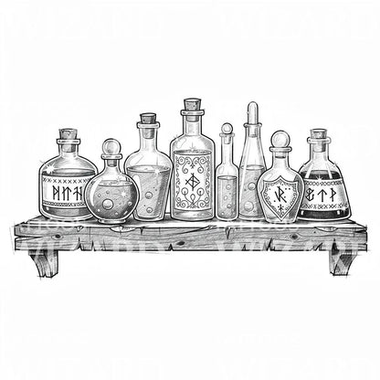 Witchy Potion Shelf Tattoo Design