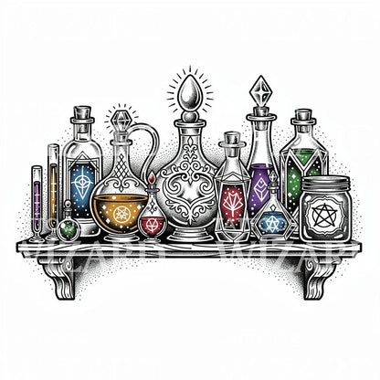 Witchy Potion Shelf Tattoo Design