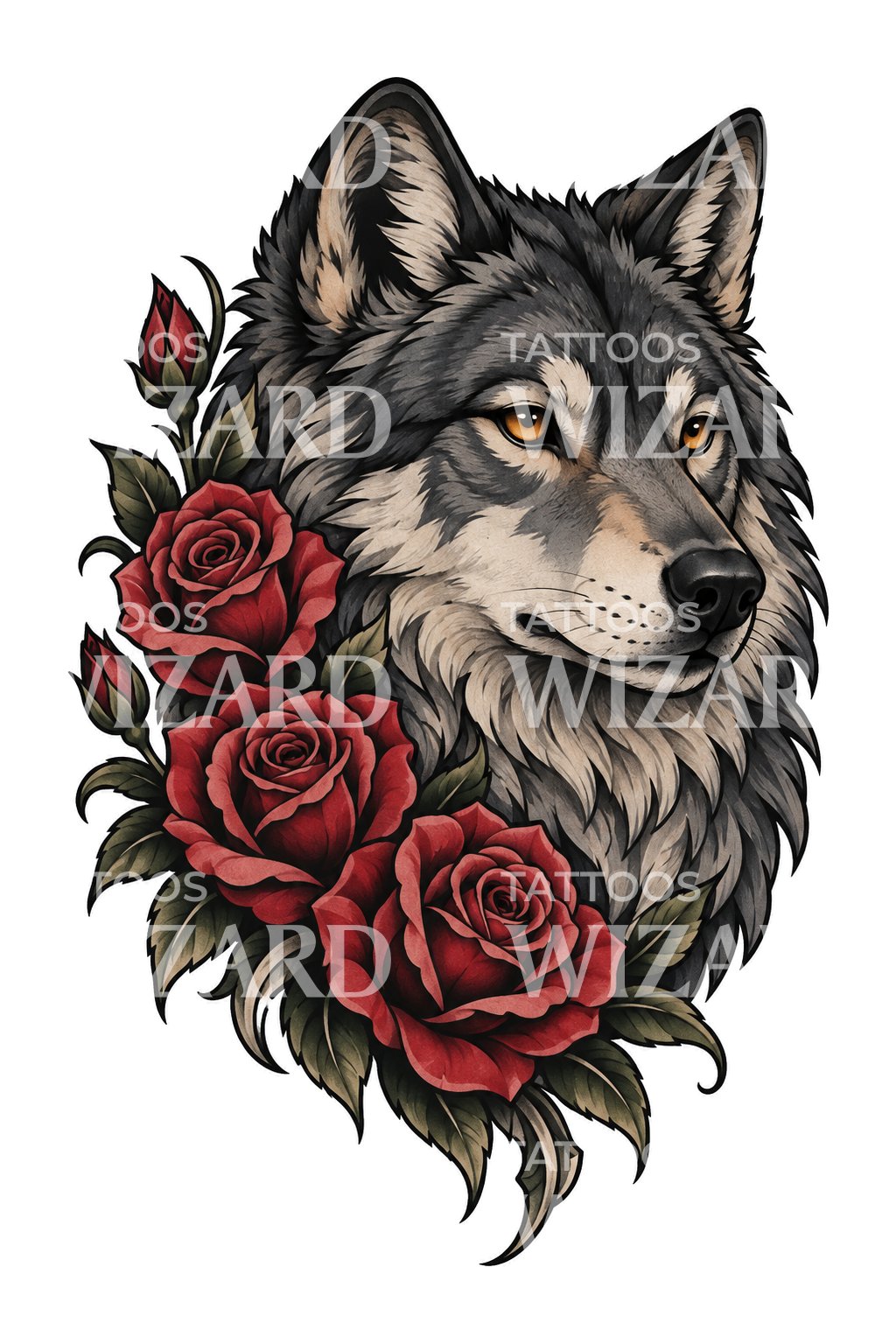 Diseño de tatuaje de lobo y rosas carmesí