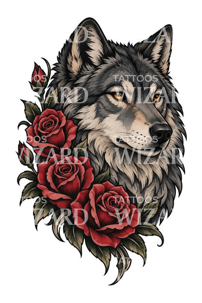 Diseño de tatuaje de lobo y rosas carmesí