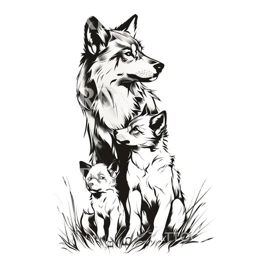 Wolf and Puppies Minimalist Tattoo Design