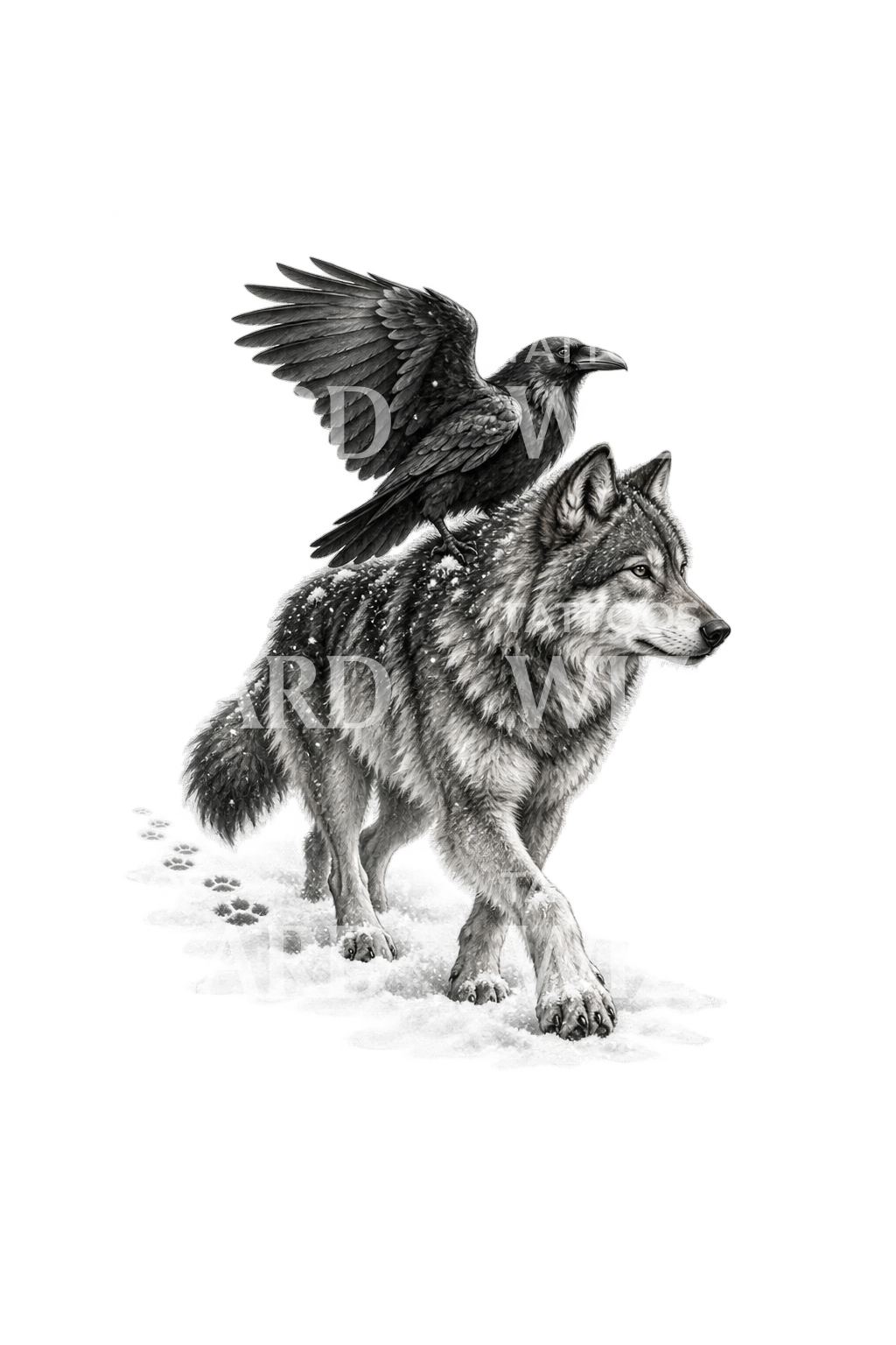 Wolf and Raven in Snow Tattoo Design