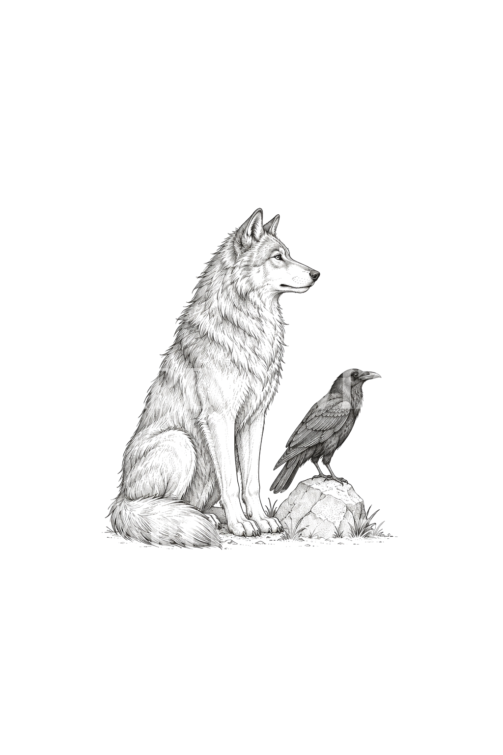 Ilustración de tatuaje de lobo y cuervo vigilando juntos