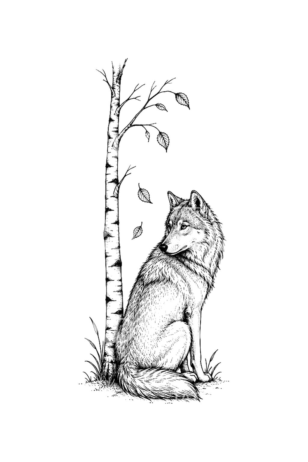 Lobo junto a um vidoeiro, tatuagem fine line